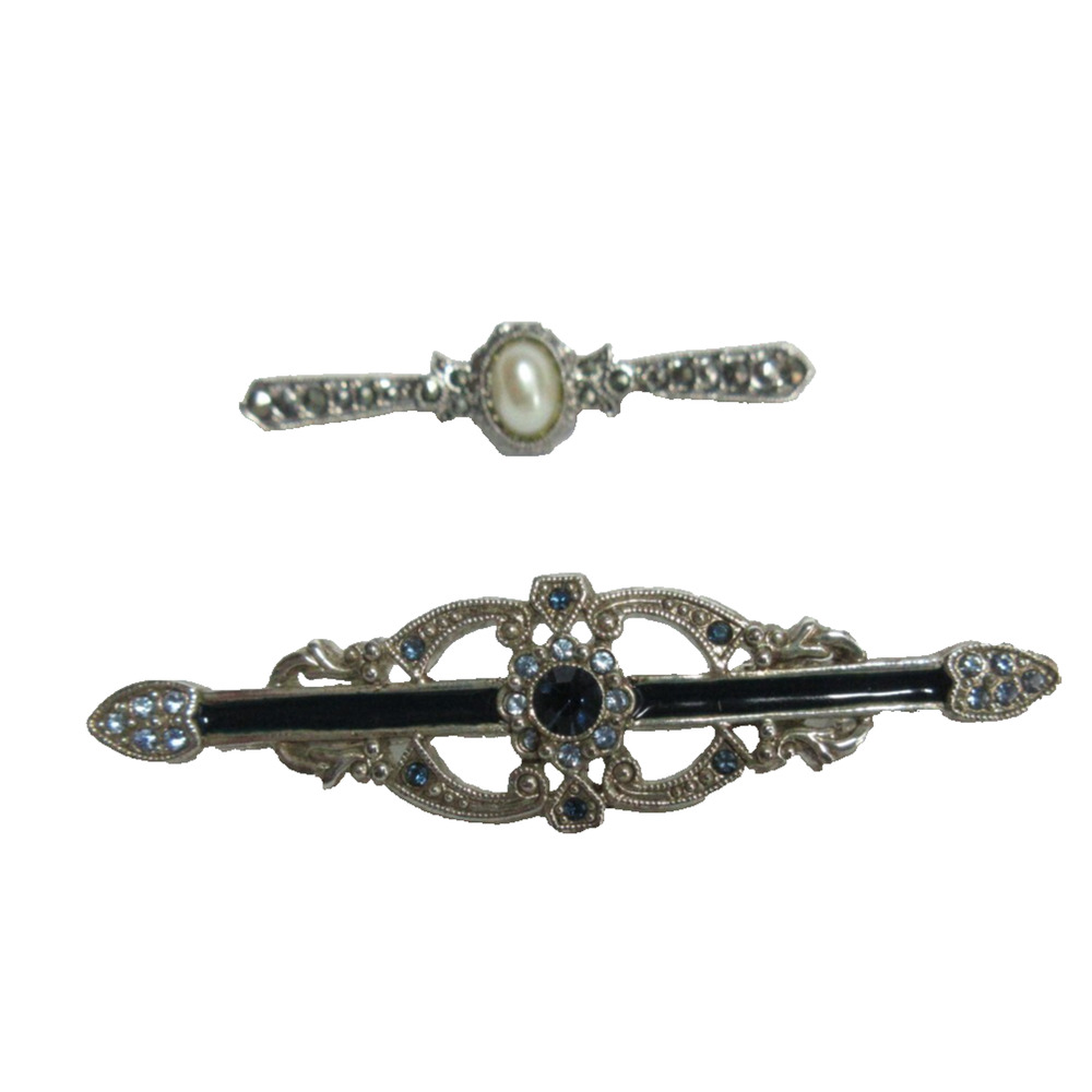 2 Silver Tone Marcasite Enamel Pearl Bar Brooches Vintage Victorian Pin